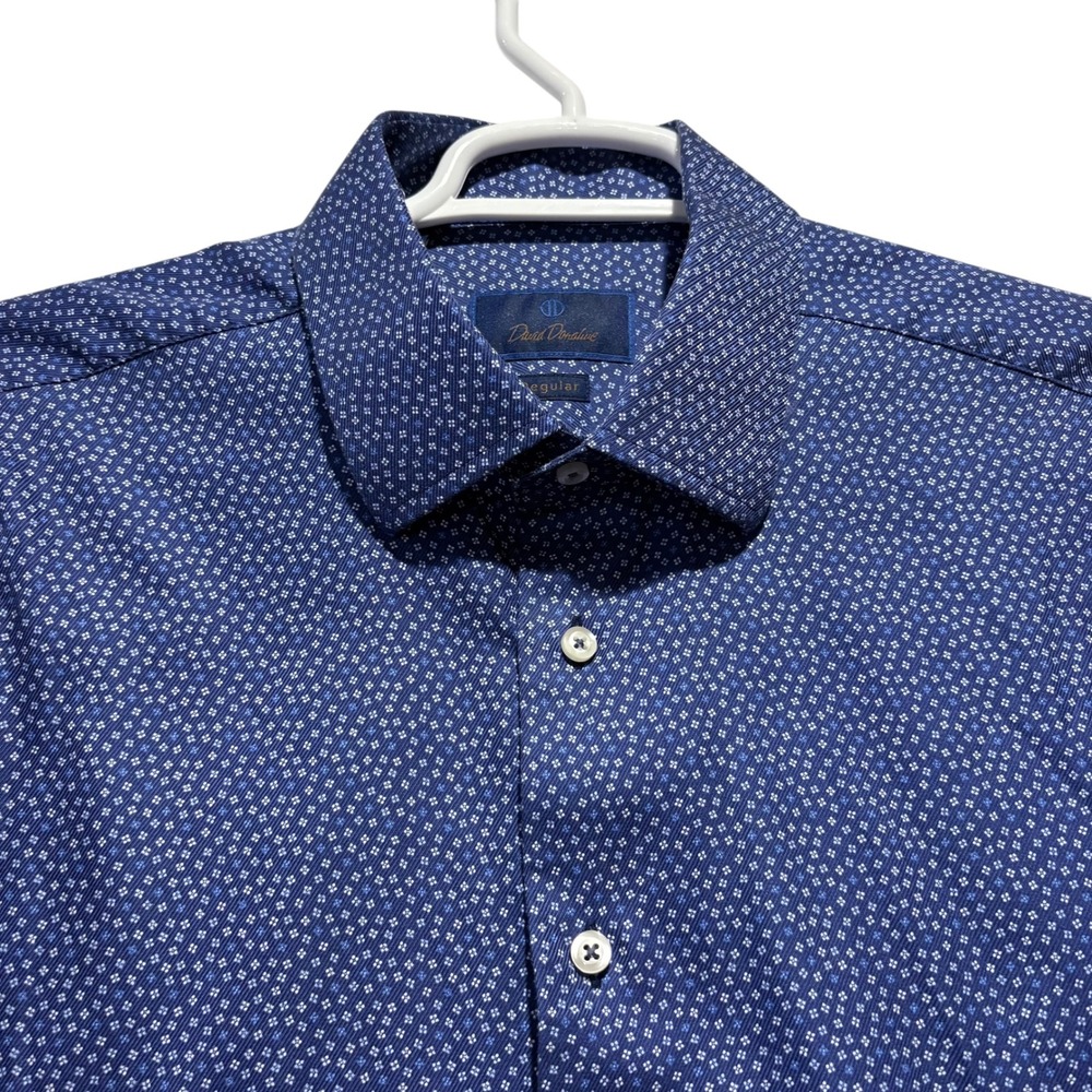 David Donahue Mens Regular Fit Blue Geometric Micro Print Dress Shirt 17.5 34/35